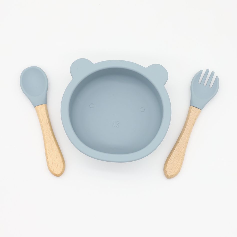 3-pack Baby Cute Cartoon Bear Silicone Suction Bowl and Fork Spoon with Wooden Handle Baby Toddler Tableware Dishes Self-Feeding Utensils Set for Self-Training Bluish Grey big image 1