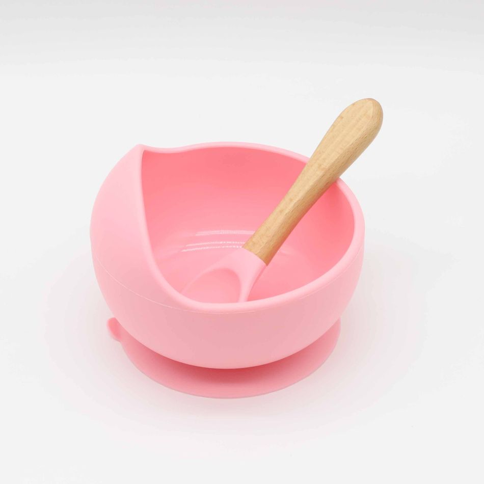 Ciotola e cucchiaio di aspirazione in silicone per bambini in confezione da 2 con manico in legno stoviglie per bambini e neonati set di utensili per l'alimentazione automatica per l'auto-allenamento Rosa Chiaro big image 1