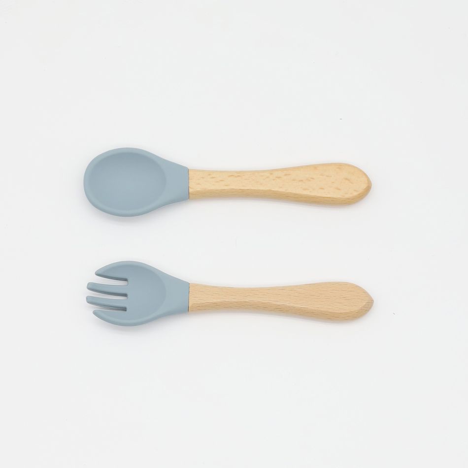 2-pack Baby Silicone Fork and Spoon with Wood Handle Baby Toddler Tableware Dishes Self-Feeding Utensils Set for Self-Training Light Blue