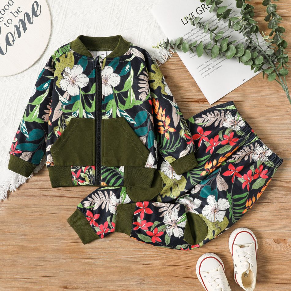 2-piece Toddler Girl Butterfly/Floral Print Colorblock Zipper Bomber Jacket and Elasticized Pants Set Army green