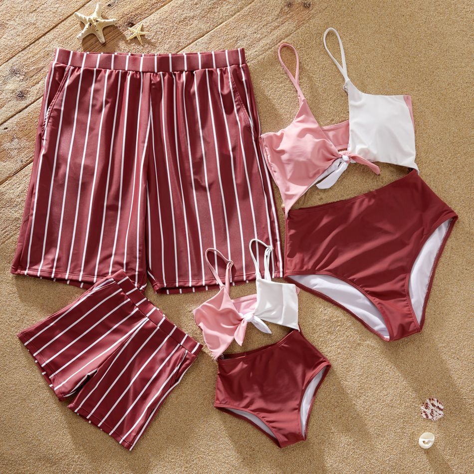 Family Matching Striped Swim Trunks Shorts and Colorblock Spaghetti Strap Knot One-Piece Swimsuit Pink