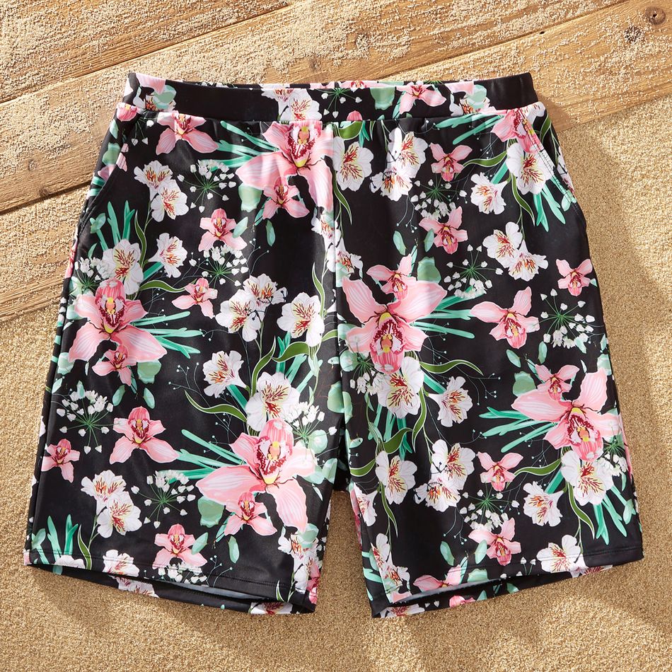 Family Matching Allover Floral Print Swim Trunks Shorts and Ruffle-sleeve Belted One-Piece Swimsuit Light Pink big image 8