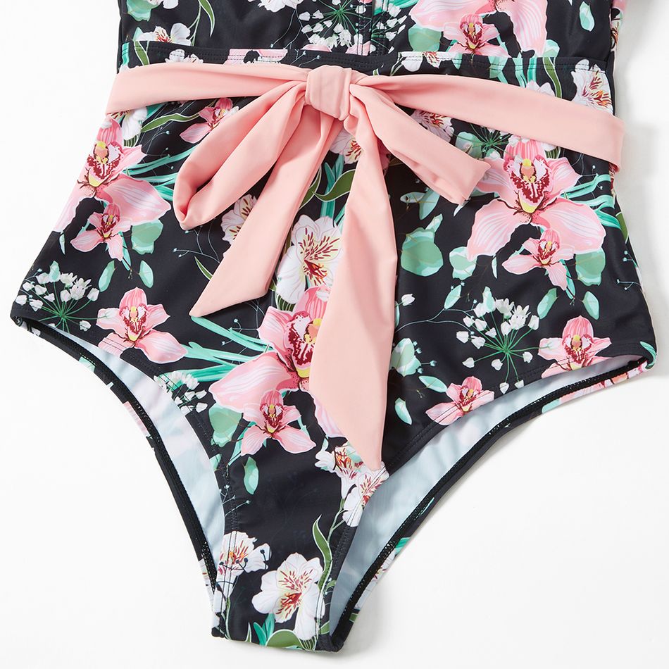 Family Matching Allover Floral Print Swim Trunks Shorts and Ruffle-sleeve Belted One-Piece Swimsuit Light Pink big image 14
