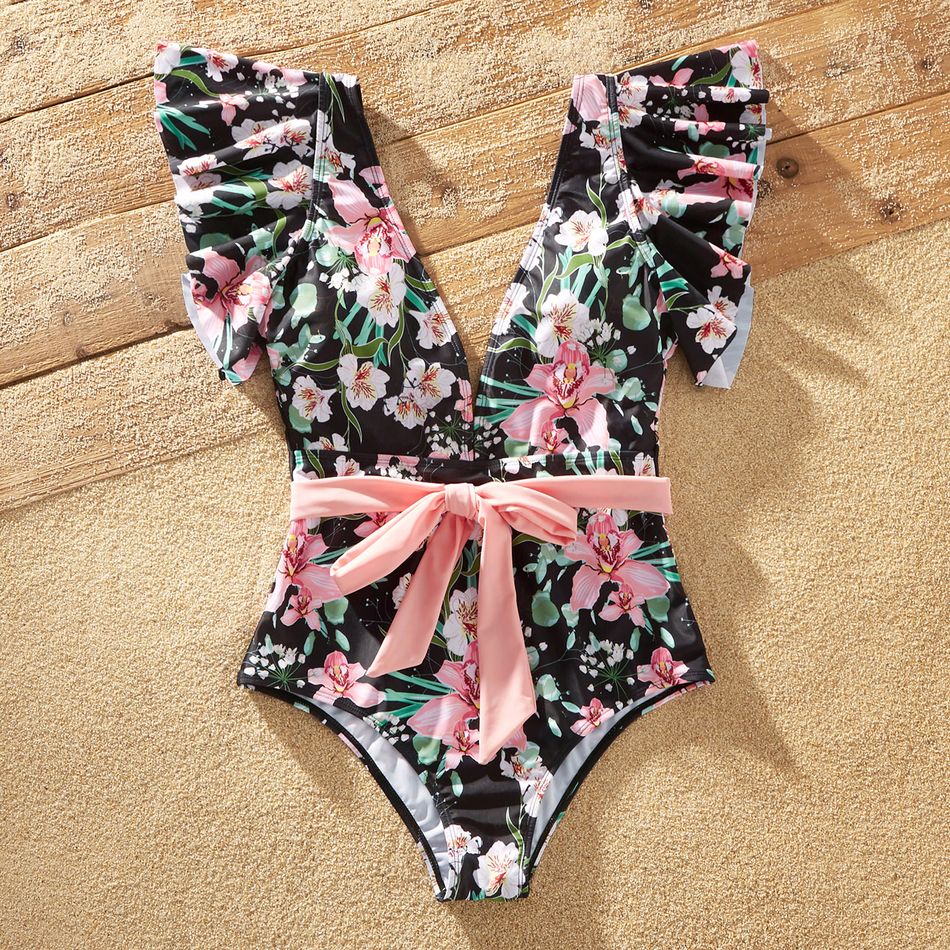 Family Matching Allover Floral Print Swim Trunks Shorts and Ruffle-sleeve Belted One-Piece Swimsuit Light Pink big image 7