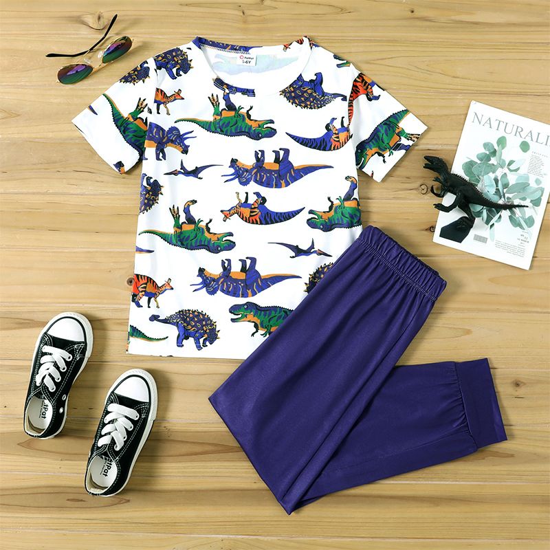2-piece Kid Boy Animal Dinosaur Print Short-sleeve Tee and Elasticized Navy Pants Set Navy