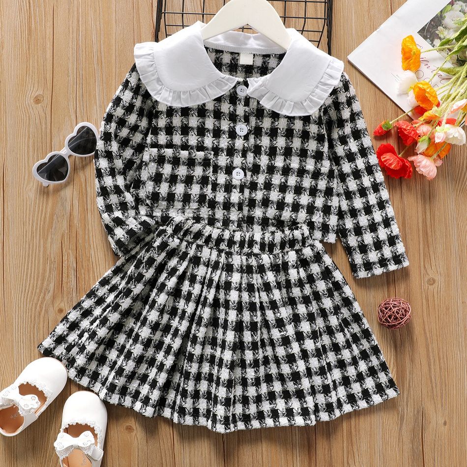 2-piece Toddler Girl Statement Collar Plaid Tweed Button Design Top and Skirt Set Black/White