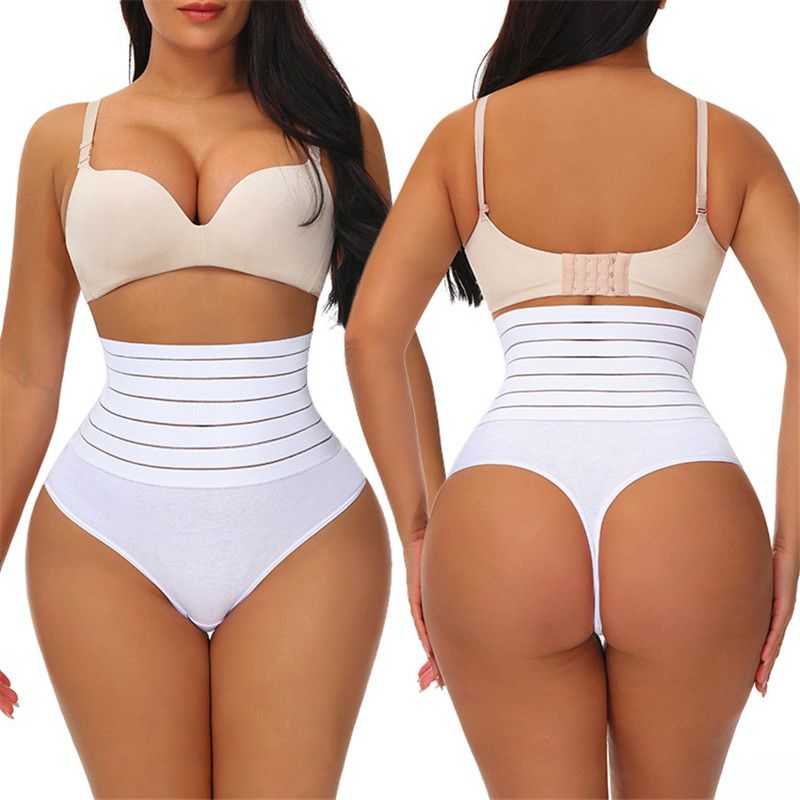 Women Thong Shapewear Striped Butt Lifter Shapewear Tummy Slimmer High Waist Panty Body Shaper Underwear White big image 2