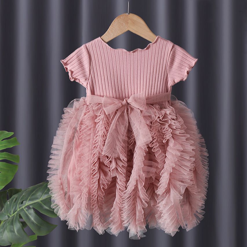Ribbed Solid Mesh Layered Belt Decor Short-sleeve Pink Toddler Dress Pink