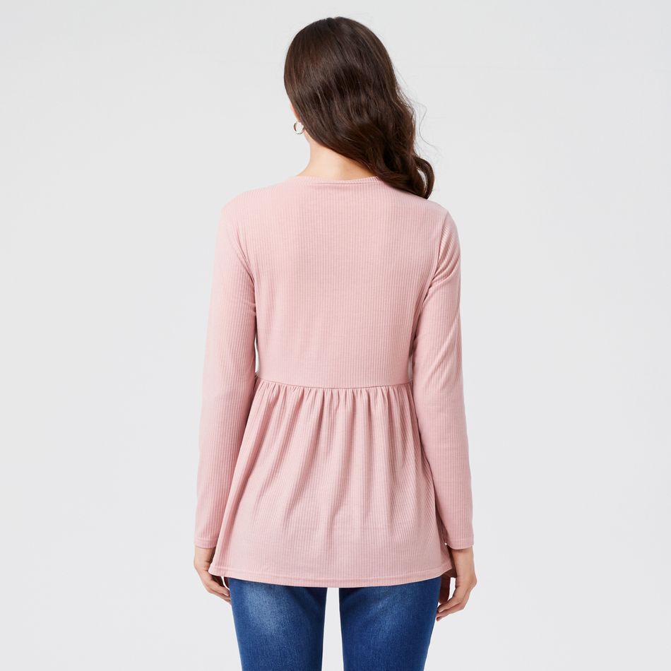 Nursing Half Button Ruffle Hem Long-sleeve Ribbed Tee Mauve Pink
