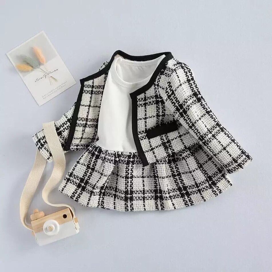 2-piece Toddler Girl Long-sleeve White Plaid Tweed Stitching Dress and Cardigan Set Black/White big image 2