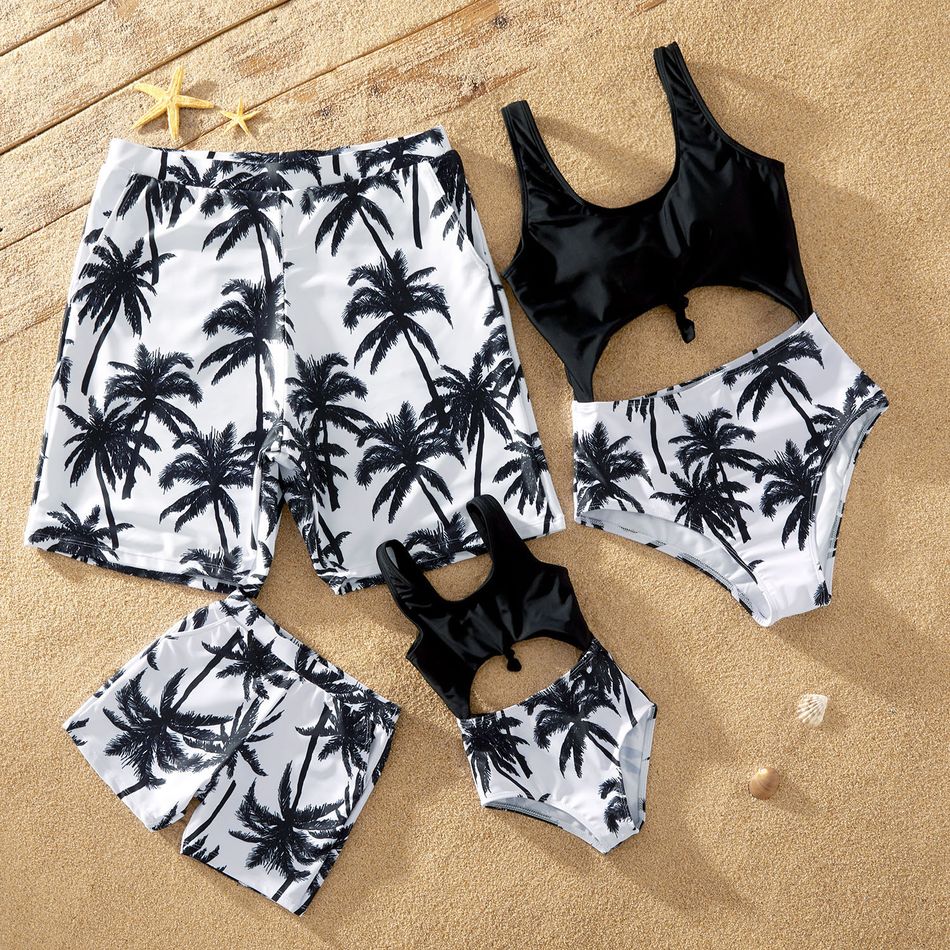 Family Matching Allover Coconut Tree Print Swim Trunks Shorts and Hollow Out One-Piece Swimsuit Black