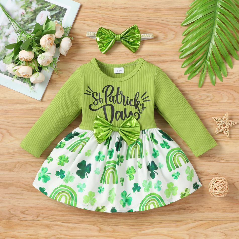 St. Patrick's Day 2pcs Baby Girl Letter Print Ribbed Long-sleeve Splicing Four-leaf Clover Print Bowknot Dress with Headband Set Green