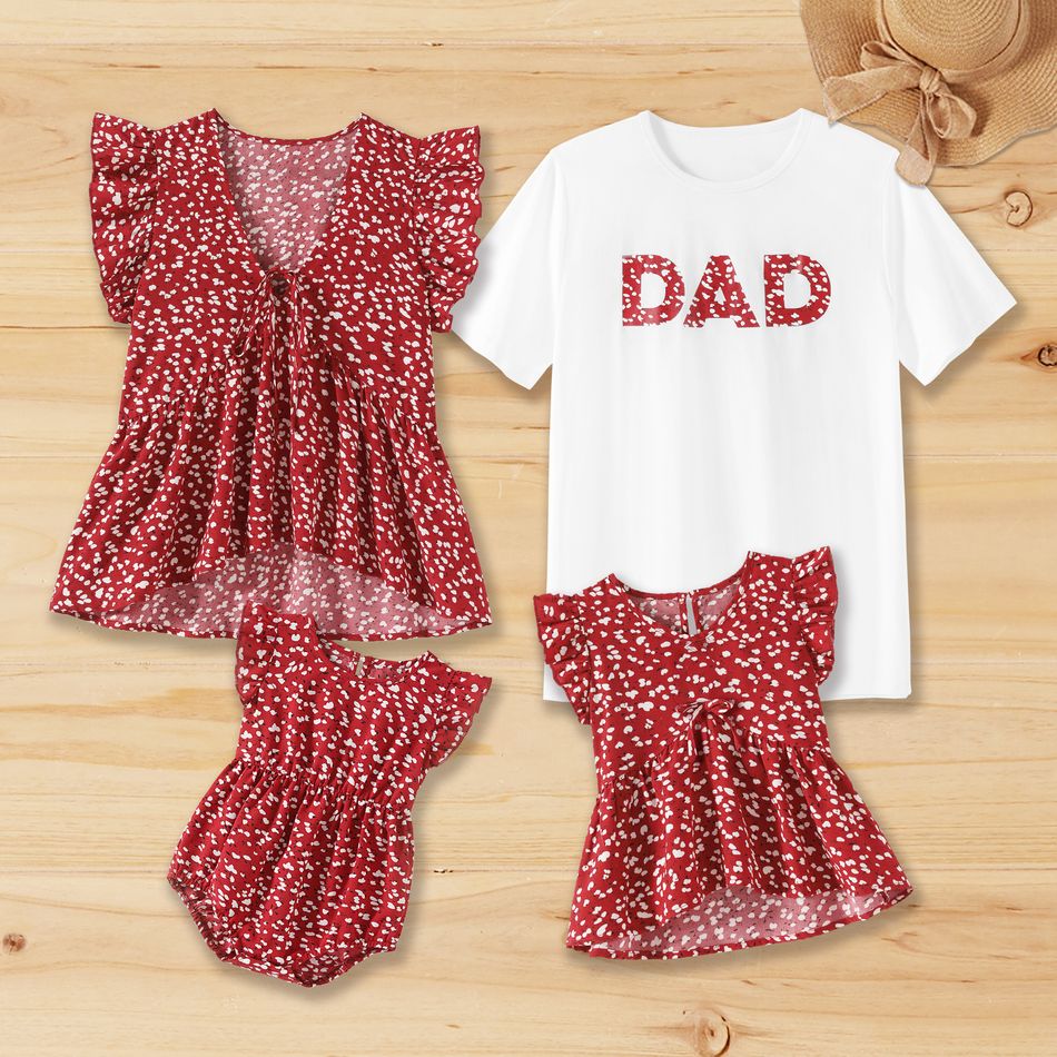 Family Matching Allover Floral Print Red V Neck Flutter-sleeve Irregular Hem Tops and Letter Print Short-sleeve T-shirts Red/White