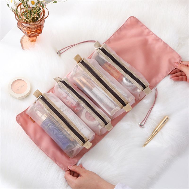 4 in 1 Hanging Roll-Up Makeup Bag Toiletry Bag Large Capacity Portable Detachable Storage Bag Travel Organizer for Cosmetics and Personal Care Pink big image 2