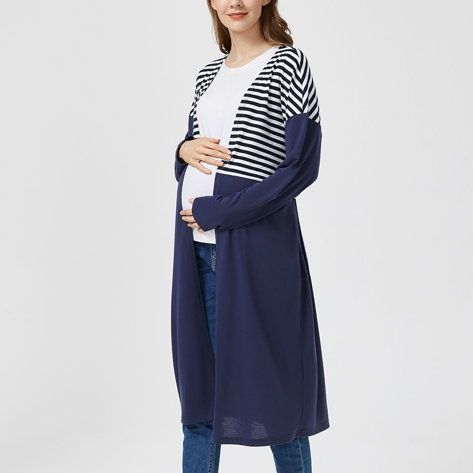 Maternity Striped Panel Long-sleeve Belted Coat Tibetanblue