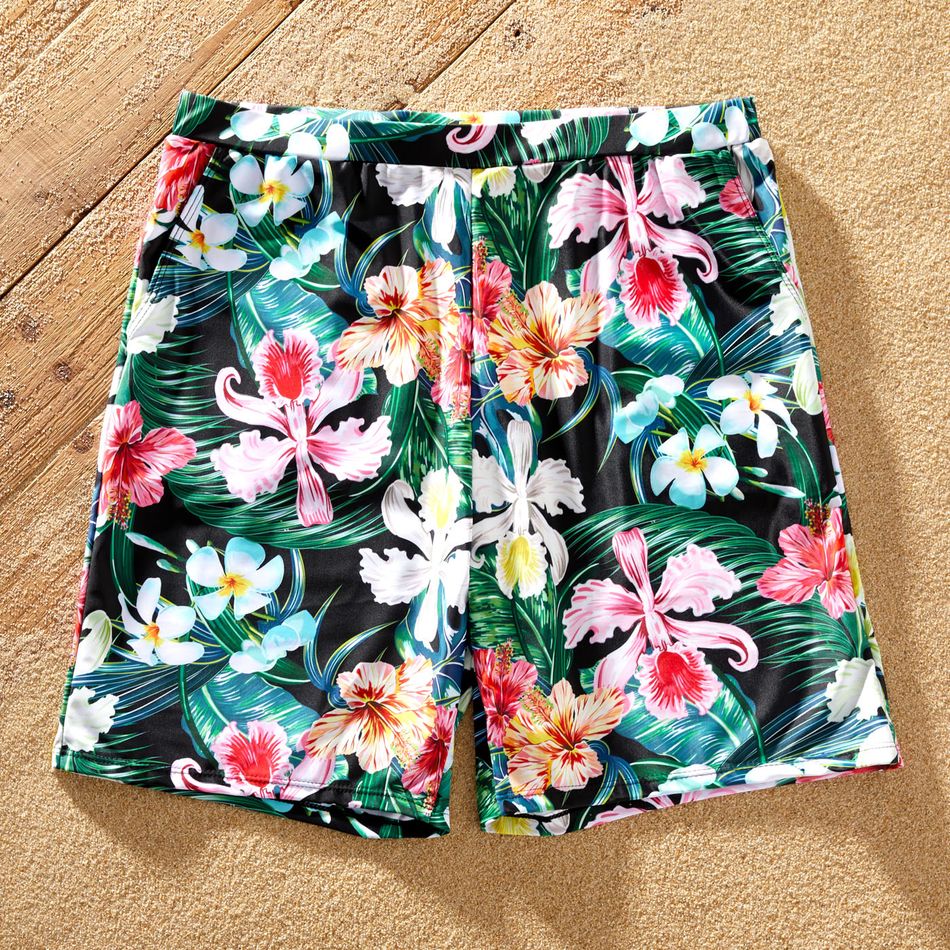 Family Matching Allover Floral Print Swim Trunks Shorts and Spaghetti Strap One-Piece Swimsuit Green big image 3