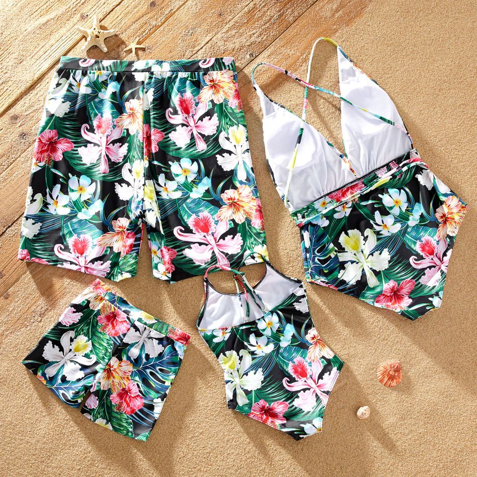 Family Matching Allover Floral Print Swim Trunks Shorts and Spaghetti Strap One-Piece Swimsuit Green big image 2