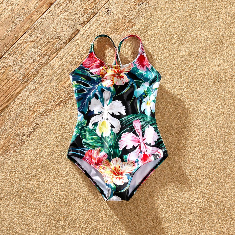 Family Matching Allover Floral Print Swim Trunks Shorts and Spaghetti Strap One-Piece Swimsuit Green