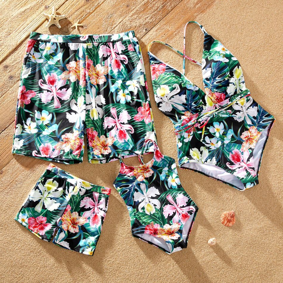 Family Matching Allover Floral Print Swim Trunks Shorts and Spaghetti Strap One-Piece Swimsuit Green