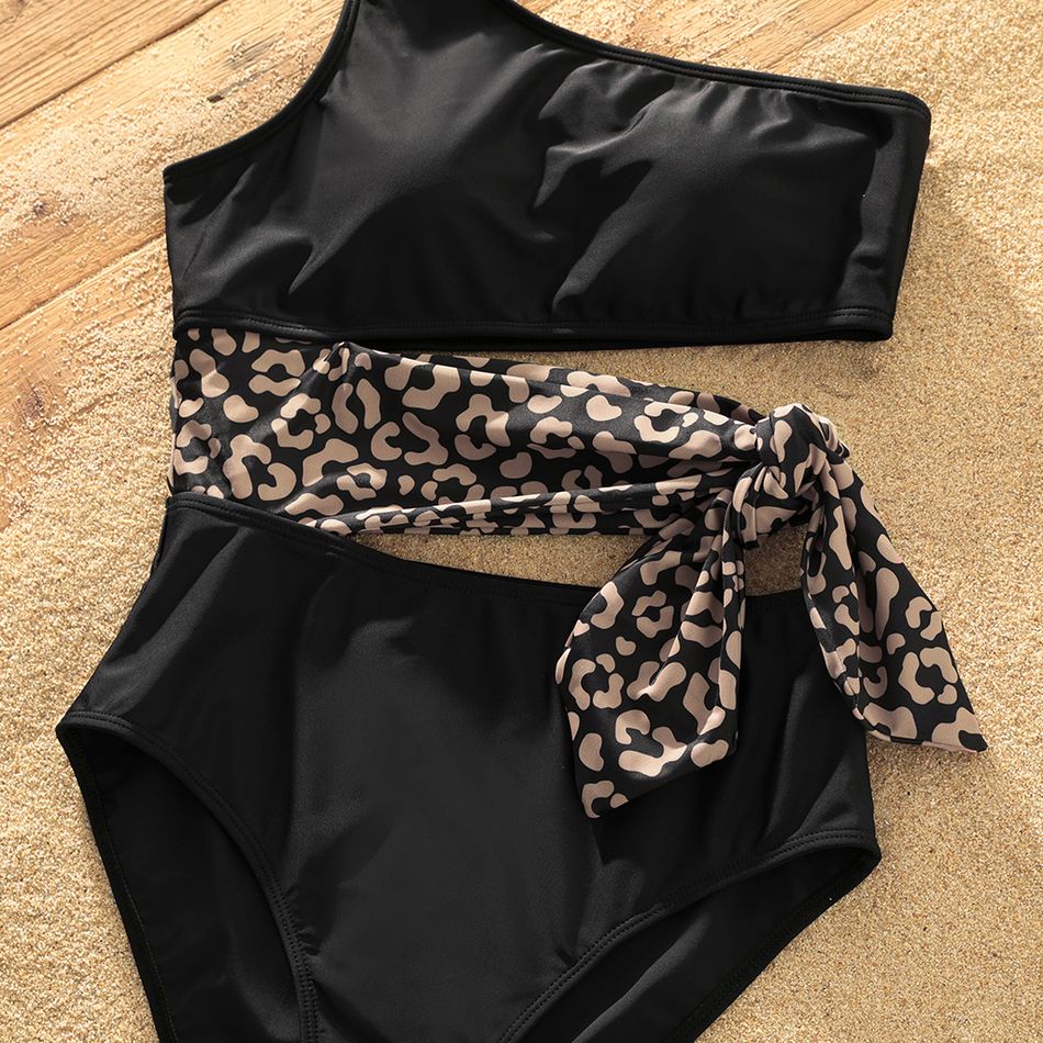 Family Matching Leopard Splice Black Swim Trunks Shorts and One Shoulder Self Tie One-Piece Swimsuit Black big image 12
