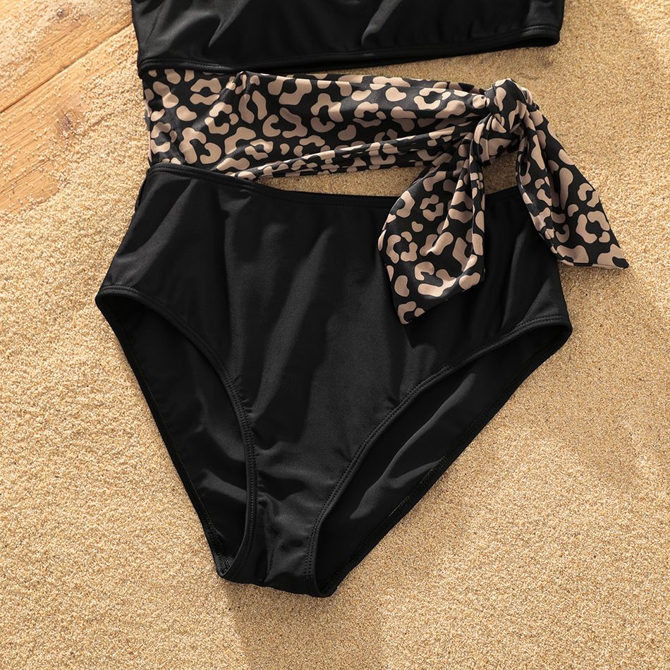 Family Matching Leopard Splice Black Swim Trunks Shorts and One Shoulder Self Tie One-Piece Swimsuit Black