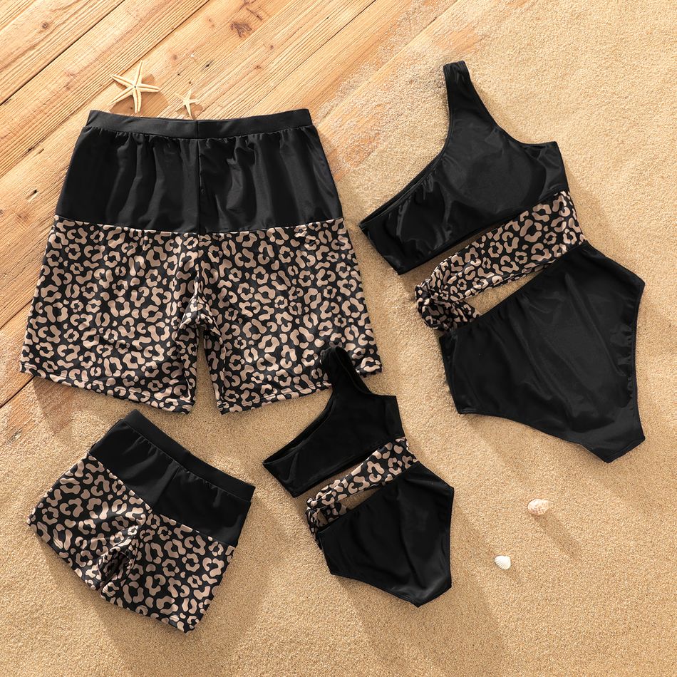 Family Matching Leopard Splice Black Swim Trunks Shorts and One Shoulder Self Tie One-Piece Swimsuit Black big image 6