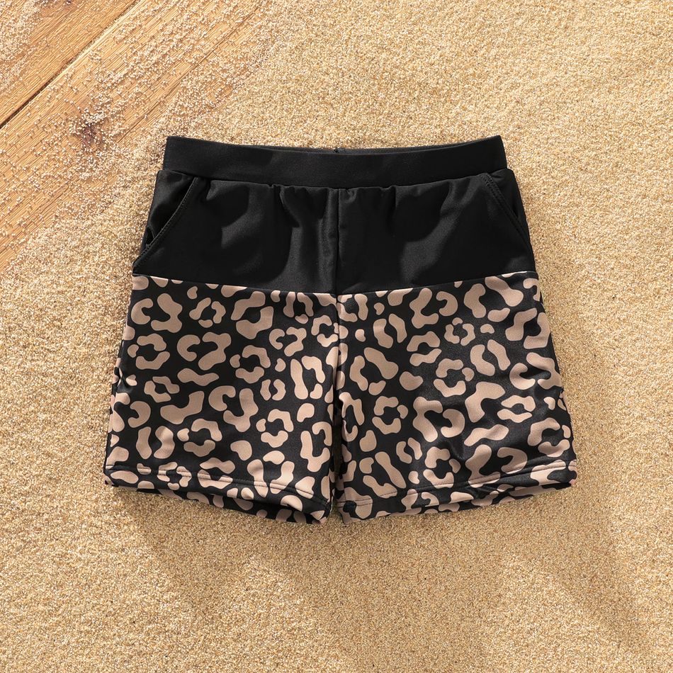 Family Matching Leopard Splice Black Swim Trunks Shorts and One Shoulder Self Tie One-Piece Swimsuit Black big image 8