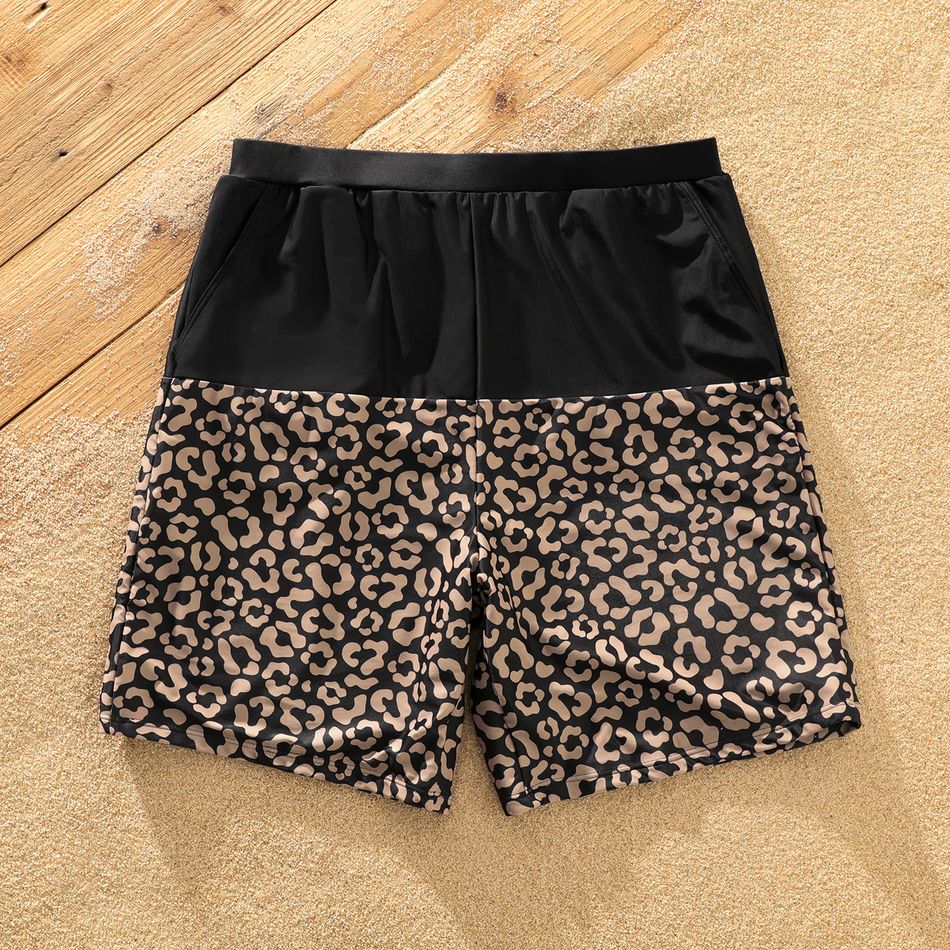 Family Matching Leopard Splice Black Swim Trunks Shorts and One Shoulder Self Tie One-Piece Swimsuit Black big image 7
