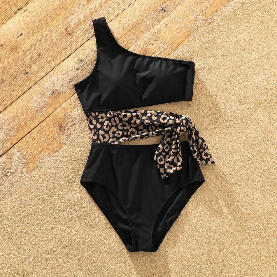 Family Matching Leopard Splice Black Swim Trunks Shorts and One Shoulder Self Tie One-Piece Swimsuit Black big image 11