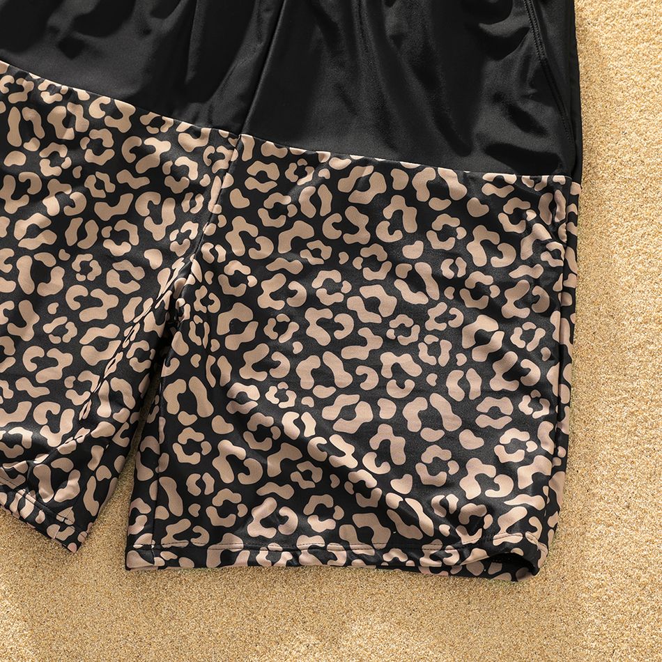 Family Matching Leopard Splice Black Swim Trunks Shorts and One Shoulder Self Tie One-Piece Swimsuit Black big image 9