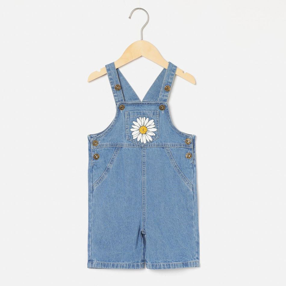 Toddler Girl Floral Print Button Design Denim Overalls Blue