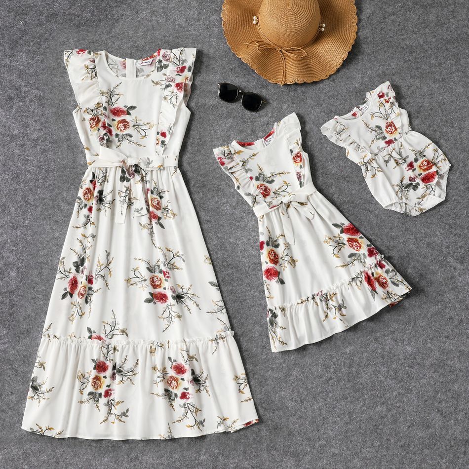 Floral Print White Sleeveless Ruffle Belted Midi Dress for Mom and Me Creamy White