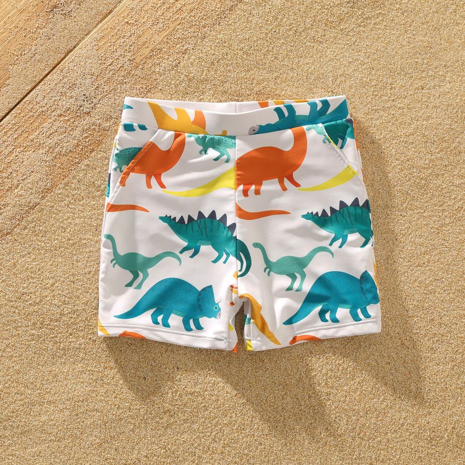 Family Matching All Over Multicolor Dinosaur Print Swim Trunks Shorts and Ruffle Two-Piece Swimsuit White big image 12