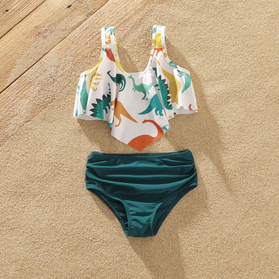Family Matching All Over Multicolor Dinosaur Print Swim Trunks Shorts and Ruffle Two-Piece Swimsuit White big image 8