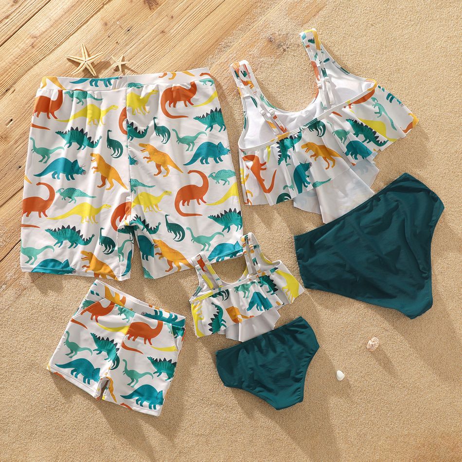 Family Matching All Over Multicolor Dinosaur Print Swim Trunks Shorts and Ruffle Two-Piece Swimsuit White big image 6