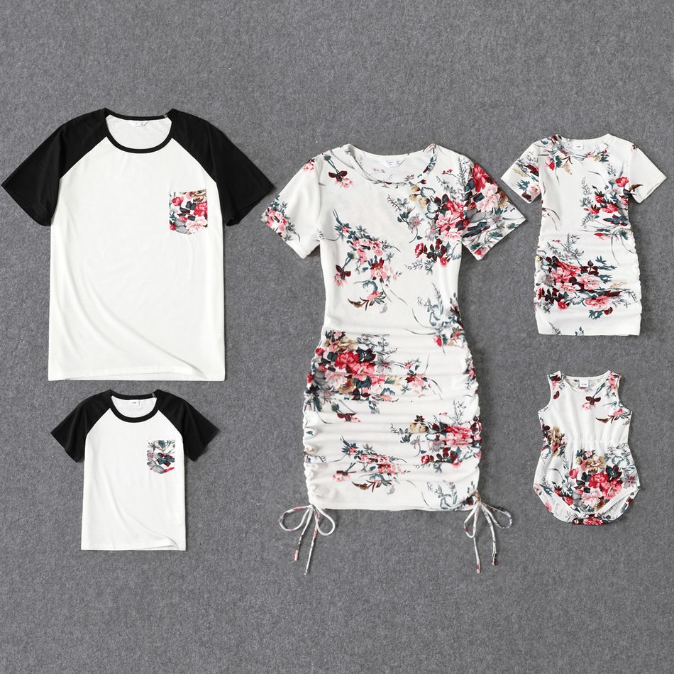 Family Matching Floral Print Short-sleeve Ruched Drawstring Bodycon Dresses and Raglan-sleeve T-shirts Sets White