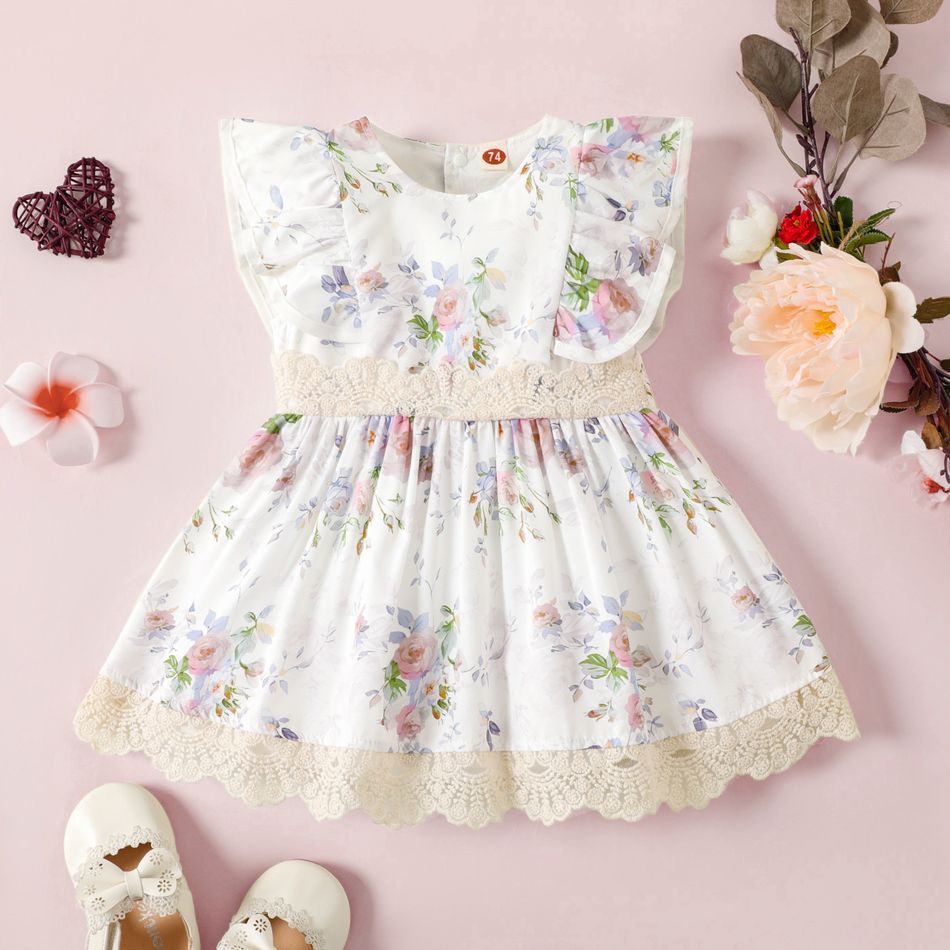 Floral Allover Ruffle and Lace Decor Flutter-sleeve White Baby Dress Multi-color