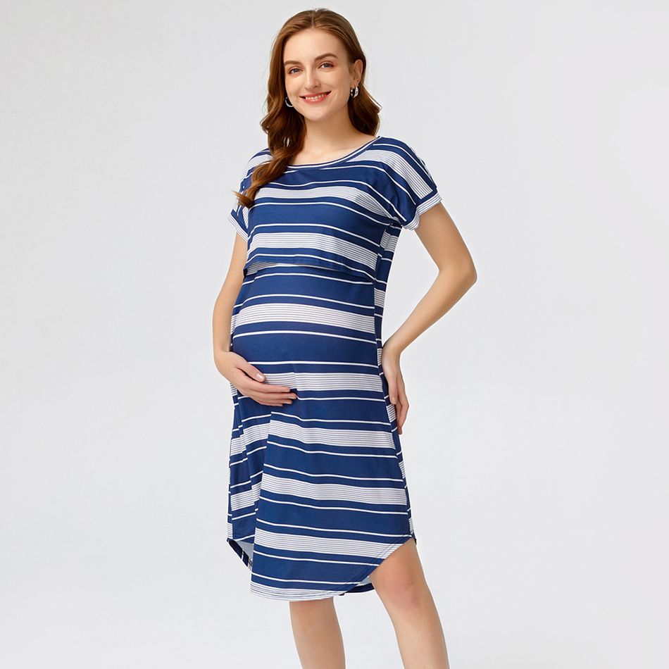 Nursing Stripe Print Round Neck Short-sleeve Dress Dark Blue