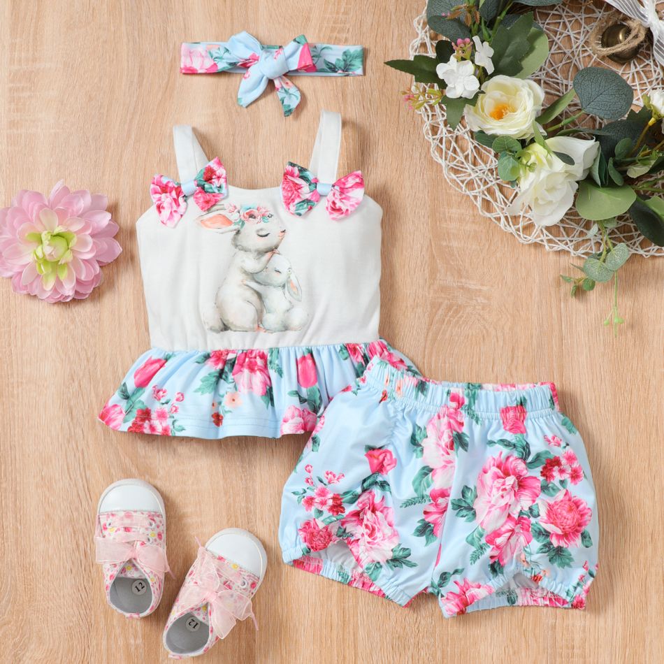 Easter 3pcs Baby Girl Rabbit Floral Print Sleeveless Top and Shorts with Headband Set White