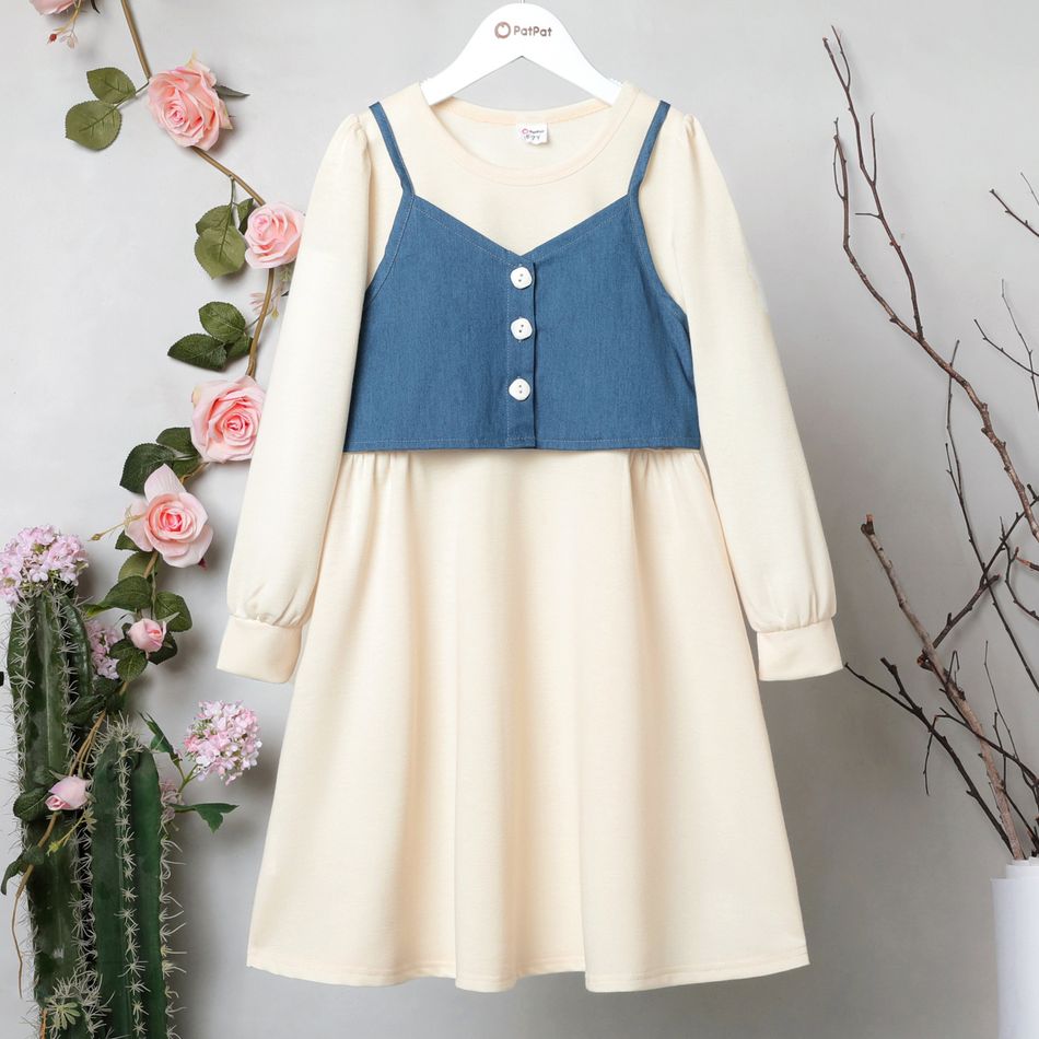 2-piece Kid Girl Round-collar Long-sleeve Beige Dress and Button Design Denim Tank Set OffWhite