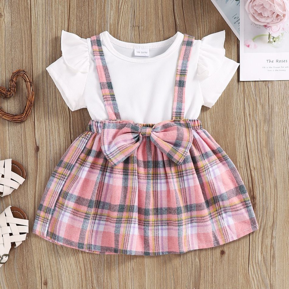 2-piece Toddler Girl Ruffled Short-sleeve White Tee and Bowknot Design Plaid Suspender Skirt Set Light Pink