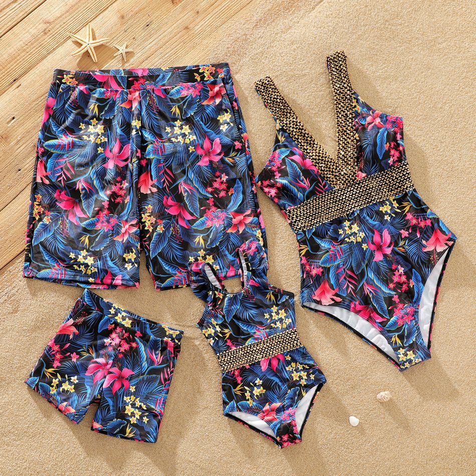 Family Matching All Over Floral Print Swim Trunks Shorts and Golden Webbing Sleeveless One-Piece Swimsuit Black big image 1