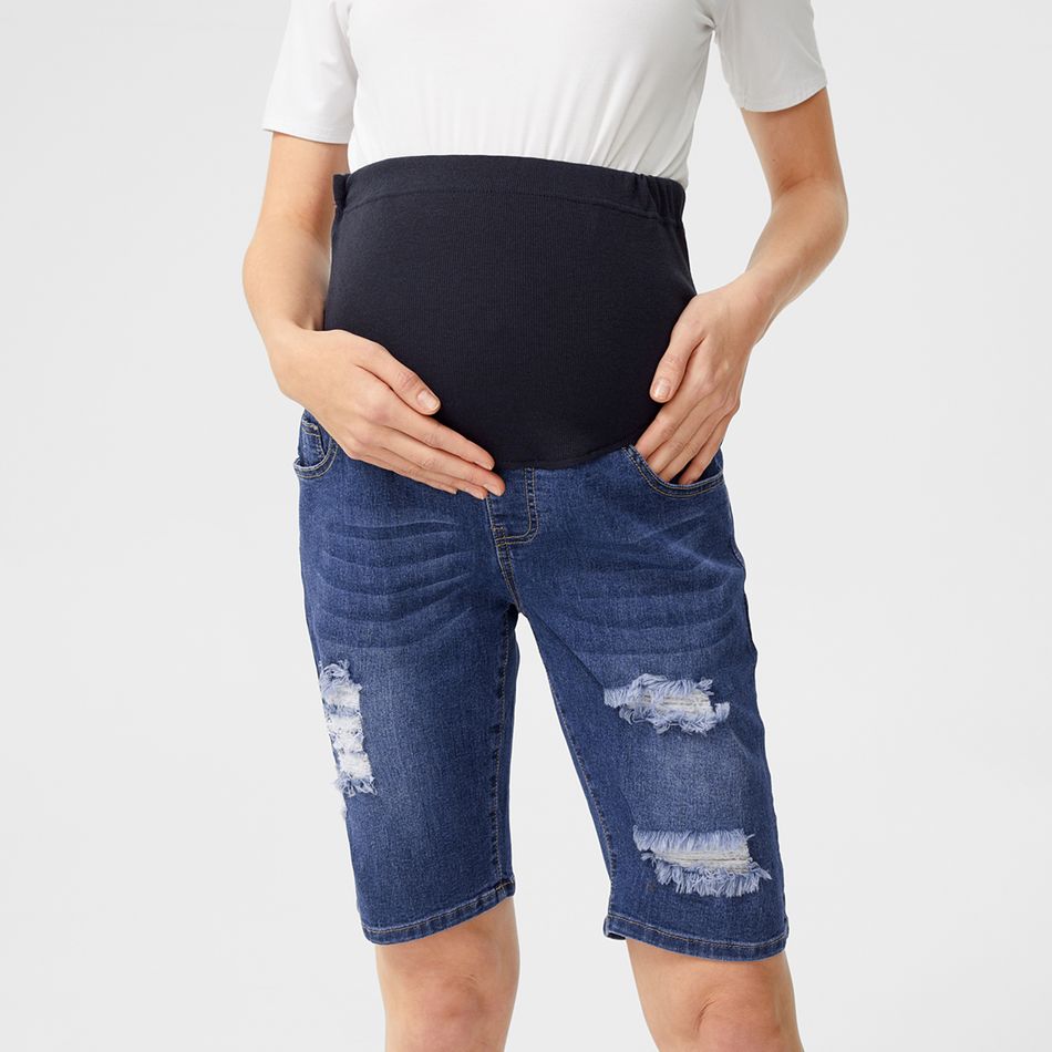 Maternity Fly Ripped Detail Knee Length Jeans Deep Blue