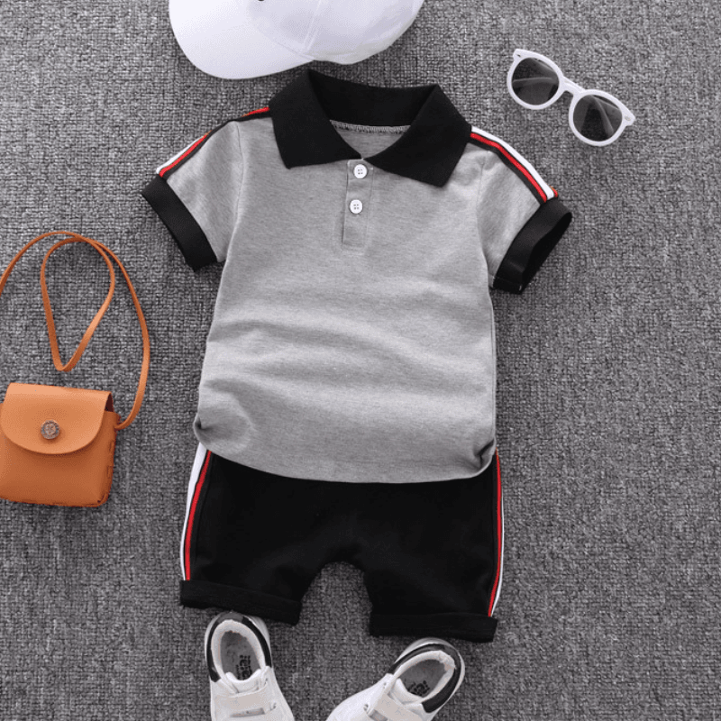 2pcs Toddler Boy Casual Colorblock Striped Polo Shirt and Shorts Set Light Grey