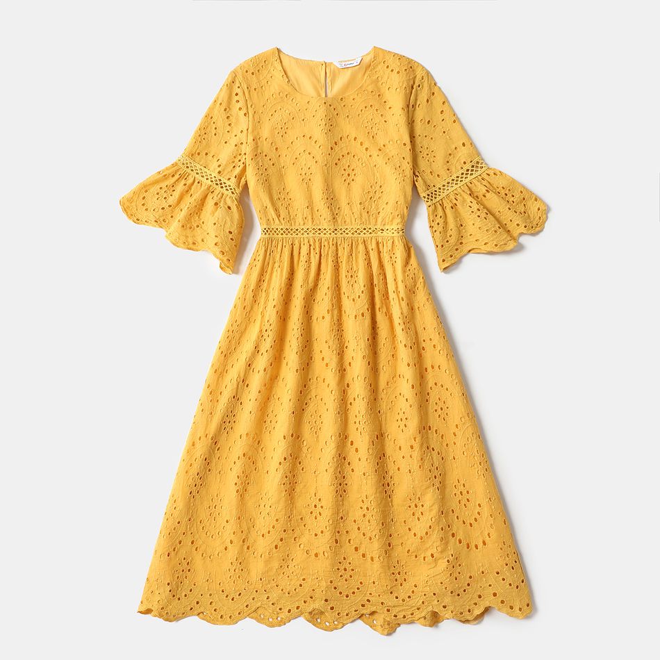 Yellow Hollow Out Embroidered Ruffle Flared Sleeve Dress for Mom and Me TenderYellow big image 2