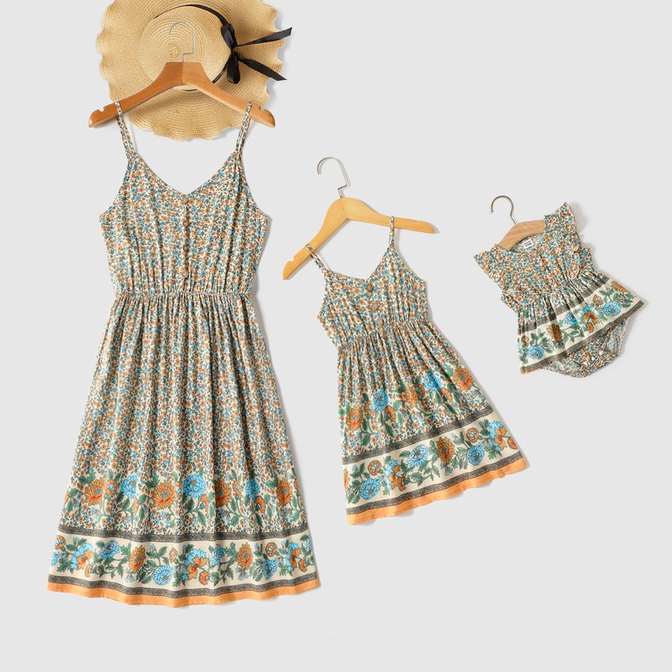 Boho Floral Print V Neck Sleeveless Spaghetti Strap Dress for Mom and Me HS