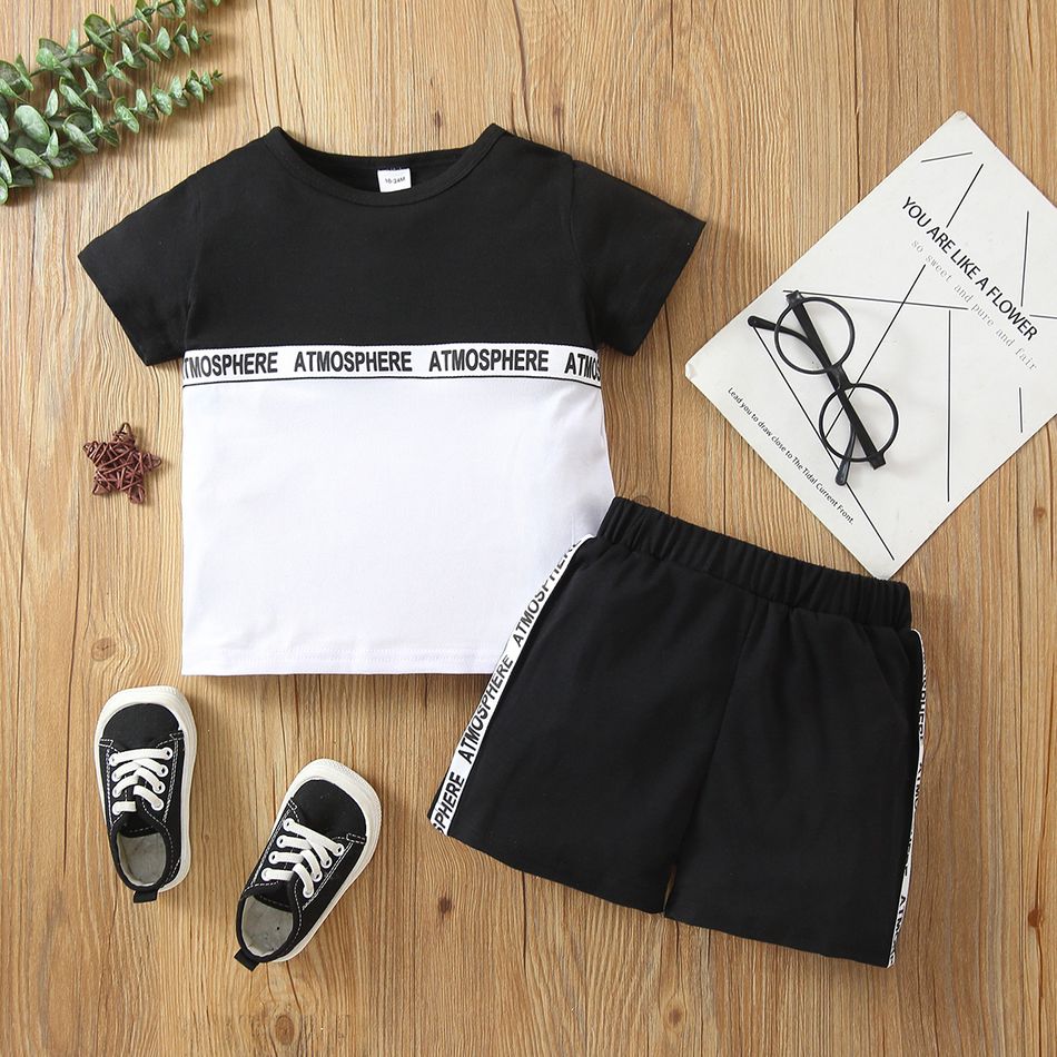 2pcs Toddler Boy Casual Colorblock Letter Print Tee and Shorts Set Black/White