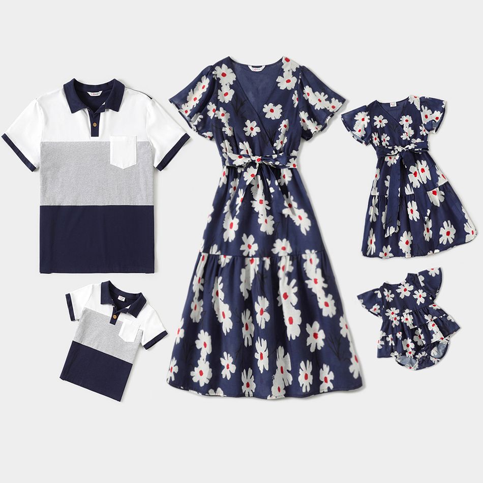 Family Matching All Over Daisy Floral Print V Neck Ruffle Short-sleeve Dresses and Colorblock Polo Shirts Sets royalblue