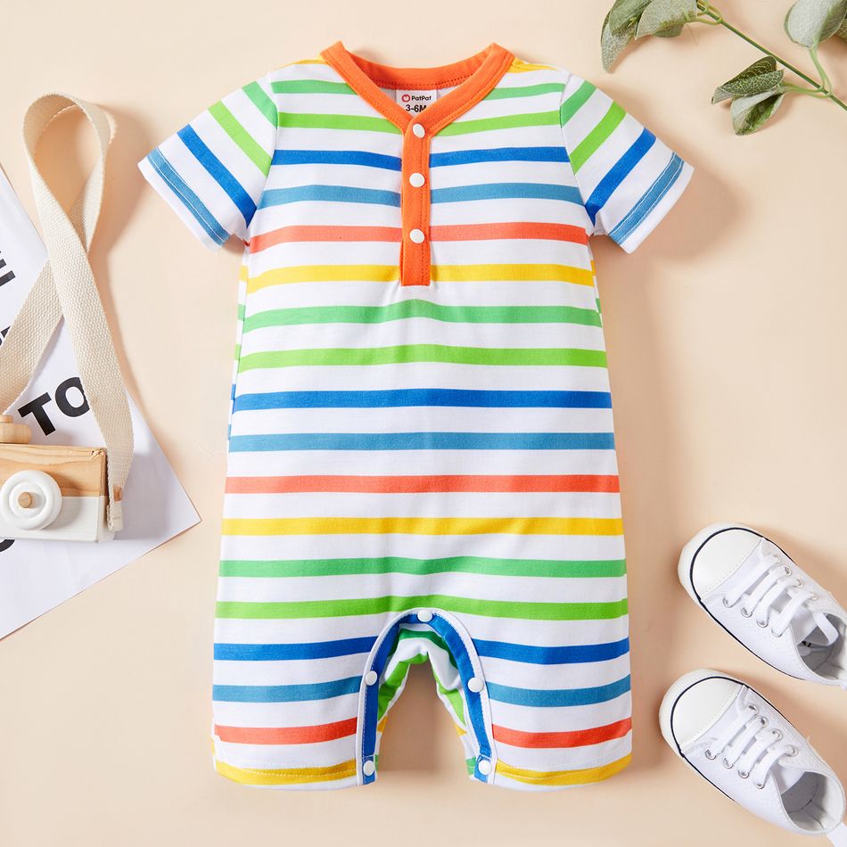 Baby Boy Allover Colorful Dinosaur/Stripe Print Short-sleeve Snap Romper COLOREDSTRIPES