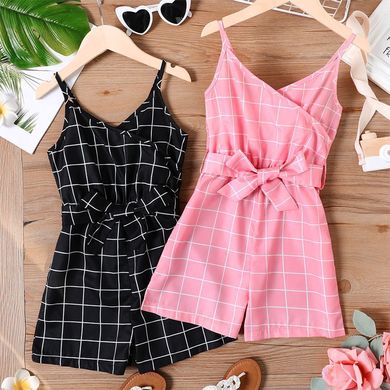 Kid Girl Plaid Surplice Neck Belted Cami Rompers Pink